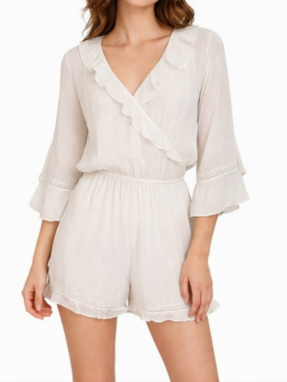 A & F White Ruffle Shorts Romper Bell Sleeves Size L